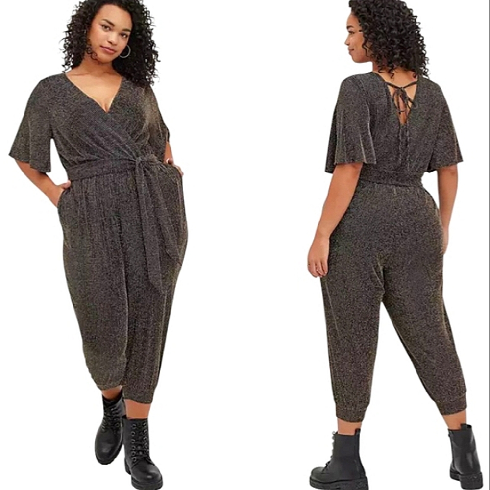 Torrid Black Jumpsuit with Gold Pinstripes